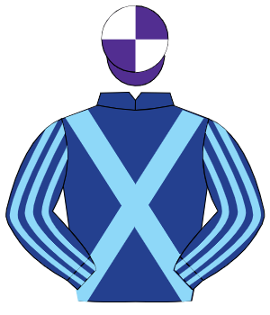 DARK BLUE, light blue cross sashes, striped sleeves, purple & white quartered cap