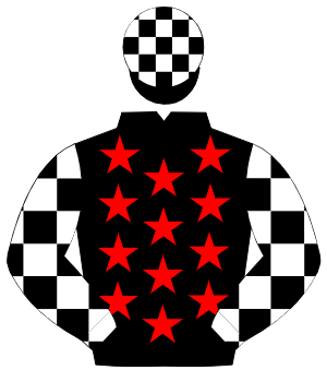 BLACK, red stars, black & white check sleeves & cap