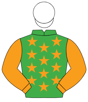 EMERALD GREEN, orange stars, orange sleeves, white cap