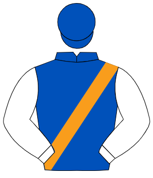 ROYAL BLUE, orange sash, white sleeves, royal blue cap