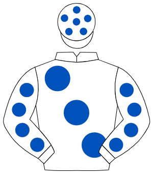WHITE, large royal blue spots, royal blue spots on sleeves, white cap, royal blue spots
