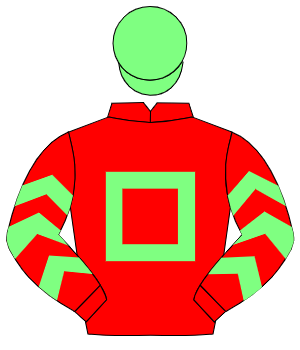 RED, light green hollow box, light green chevrons on sleeves, light green cap