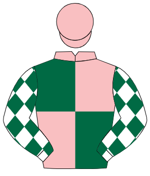 PINK & DARK GREEN QUARTERED, white sleeves, dark green diamonds, pink cap