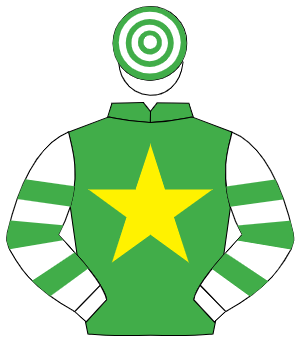 EMERALD GREEN, yellow star, white & emerald green hooped sleeves & cap