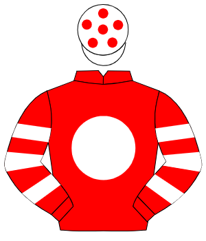 RED, white disc, hooped sleeves, white cap, red spots