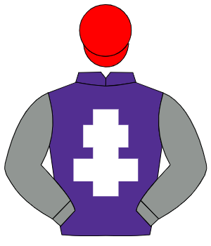 PURPLE, white cross of lorraine, grey sleeves, red cap
