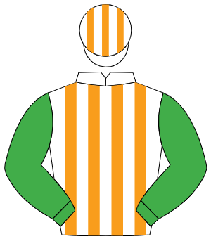 WHITE & ORANGE STRIPES, emerald green sleeves, white & orange striped cap
