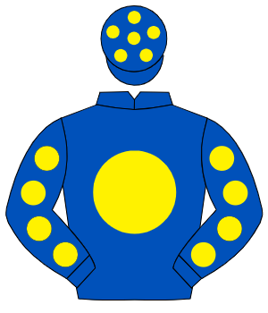 ROYAL BLUE, yellow disc, yellow spots on sleeves, royal blue cap, yellow spots