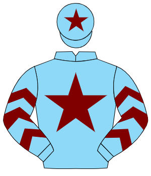 LIGHT BLUE, maroon star, maroon chevrons on sleeves, maroon star on cap