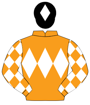 ORANGE, white triple diamond, white diamonds on sleeves, black cap, white diamond