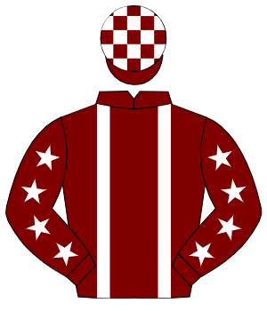 MAROON, white braces, white stars on sleeves, check cap