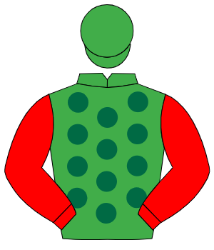 EMERALD GREEN, dark green spots, red sleeves, emerald green cap