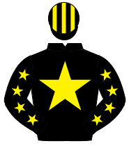 BLACK, yellow star & stars on sleeves, striped cap                                                                                                    