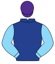 DARK BLUE, light blue sleeves, purple cap                                                                                                             