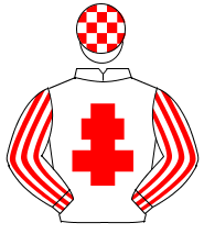 WHITE, red cross of lorraine, striped sleeves, check cap                                                                                              