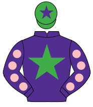 PURPLE, em.green star, purple sleeves, pink spots, em. green cap, purple star                                                                         