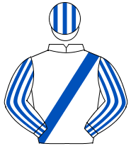 WHITE, royal blue sash, striped sleeves & cap                                                                                                         