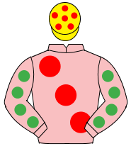PINK, large red spots, emerald green spots on sleeves, yellow cap, red spots                                                                          