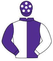PURPLE & WHITE HALVED, sleeves reversed, purple cap, white spots                                                                                      