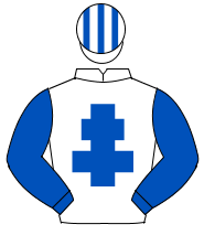WHITE, royal blue cross of lorraine & sleeves, striped cap                                                                                            