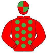 RED, emerald green spots, red sleeves, quartered cap                                                                                                  