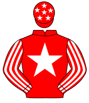 RED, white star, striped sleeves, red cap, white stars                                                                                                