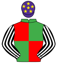 EMERALD GREEN & RED QUARTERED, black & white striped sleeves, purple cap, yellow stars                                                                