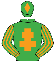 EMERALD GREEN, orange cross of lorraine, striped sleeves, orange diamond on cap                                                                       