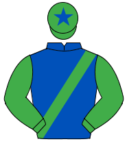 ROYAL BLUE, emerald green sash & sleeves, emerald green cap, royal blue star                                                                          