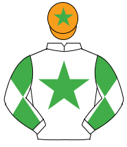 WHITE, emerald green star, diabolo on sleeves, orange cap, emerald green star                                                                         