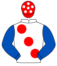 WHITE, large red spots, royal blue sleeves, red cap, white spots                                                                                      