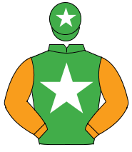 EMERALD GREEN, white star, orange sleeves, emerald green cap, white star                                                                              