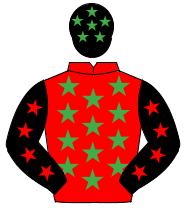 RED, emerald green stars, black sleeves, red stars, black cap, emerald green stars                                                                    