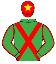 EMERALD GREEN, red cross sashes, red seams on sleeves, red cap, yellow star                                                                           