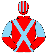 RED, light blue cross sashes, halved sleeves, striped cap                                                                                             