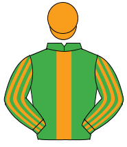 EMERALD GREEN, orange panel, striped sleeves, orange cap                                                                                              