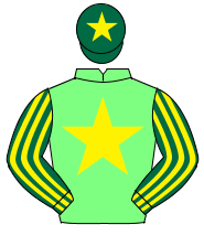 LIGHT GREEN, yellow star, dark green & yellow striped sleeves, dark green cap, yellow star                                                            