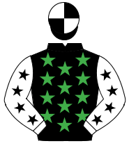 BLACK, emerald green stars, white sleeves, black stars, black & white quartered cap                                                                   