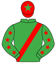 EMERALD GREEN, red sash, red stars on sleeves, red cap, emerald green star                                                                            