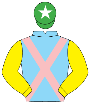 LIGHT BLUE, pink cross sashes, yellow sleeves, emerald green cap, white star
