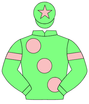 LIGHT GREEN, large pink spots, pink armlet, pink star on cap                                                                                          