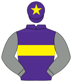 PURPLE, yellow hoop, grey sleeves, purple cap, yellow star                                                                                            
