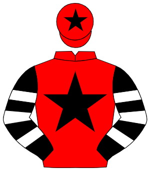 RED, black star, black & white hooped sleeves, red cap, black star