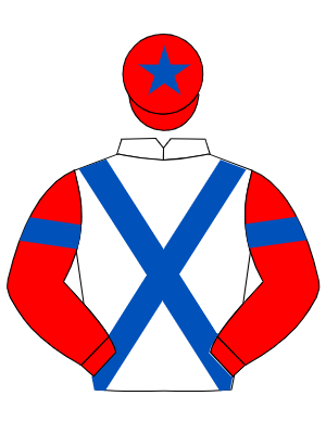 WHITE, royal blue cross belts, red sleeves, royal blue armlets, and star on red cap