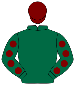 DARK GREEN, maroon spots on sleeves, maroon cap