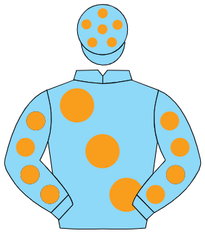 LIGHT BLUE, large orange spots, orange spots on sleeves, light blue cap, orange spots