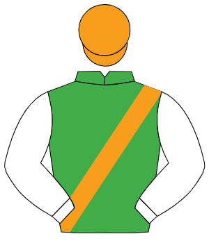 EMERALD GREEN, orange sash, white sleeves, orange cap