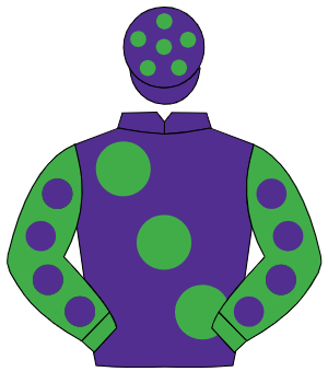 PURPLE, large emerald green spots, emerald green sleeves, purple spots, purple cap, emerald green spots