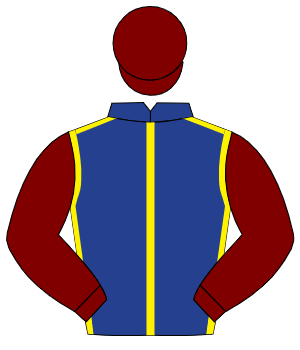 DARK BLUE, yellow seams, maroon sleeves & cap