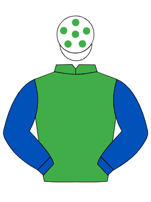 EMERALD GREEN, royal blue sleeves, white cap, emerald green spots